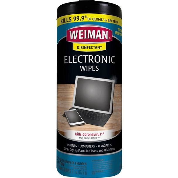 Weiman E-Tronic Wipes - For TV, Keyboard, Monitor, Notebook, Smartphone, Tablet, Electronics, Plasma Display, LCD - Streak-free, Lint-free, Ammonia-free, Anti-static, Pre-moistened - 30 / Can - 1 Each - White