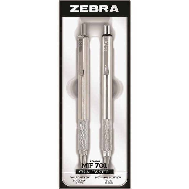 Zebra STEEL 7 Series M/F 701 Mechanical Pencil & Ballpoint Pen Set - 0.7 mm Pen Point Size - 0.7 mm Lead Size - Refillable - Stainless Steel - 2 / Set