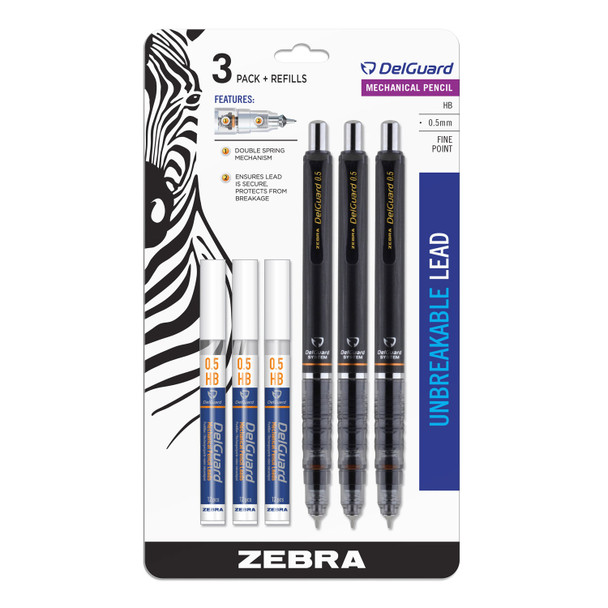 Delguard Mechanical Pencil, 0.5 mm, HB (#2), Black Lead, Black Barrel, 3/Pack