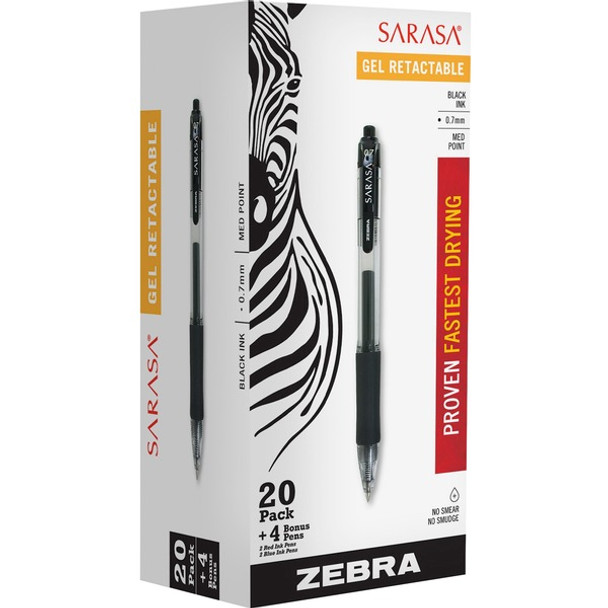 Zebra Sarasa Dry X20 Retractable Gel Pen - 0.7mm Medium Pen Point - Retractable - Black Pigment-based Ink - Translucent Barrel - 20 + 4 / Pack