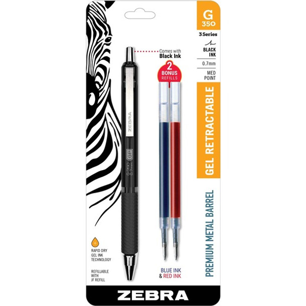 Zebra Pen STEEL 3 Series G-350 Retractable Gel Pen - 0.7 mm Pen Point Size - Refillable - Retractable - Black Gel-based Ink - Metal Barrel - 1 Each