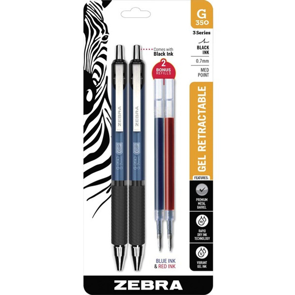 Zebra Pen STEEL 3 Series G-350 Retractable Gel Pen - Gel-based Ink - Metal Barrel - 2 / Pack