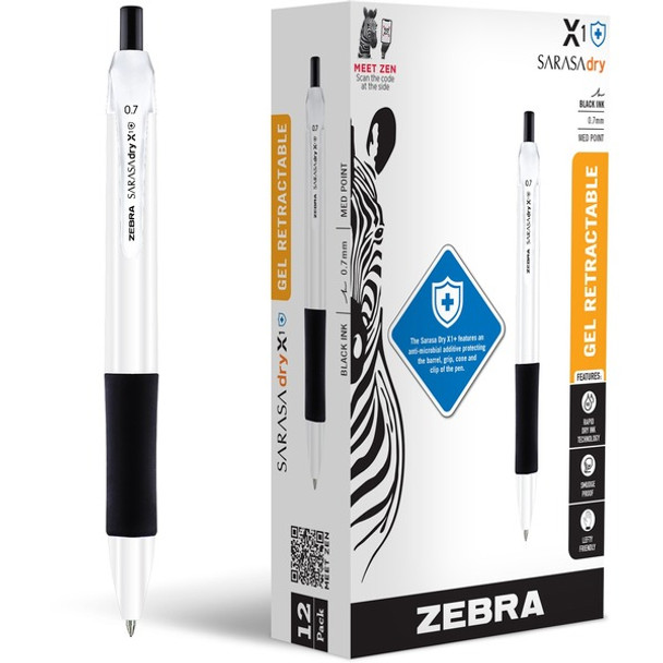 Zebra Pen SARASA dry X1+ Gel Pen - Medium Pen Point - 0.7 mm Pen Point Size - Refillable - Retractable - Black - Plastic Barrel - 12