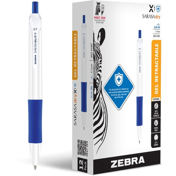 Zebra Pen SARASA dry X1+ Gel Pen - Medium Pen Point - 0.7 mm Pen Point Size - Refillable - Retractable - Blue - Plastic Barrel - 12