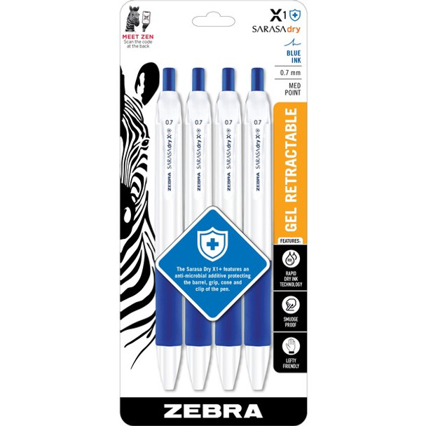 Zebra Pen SARASA dry X1+ Gel Retractable Antimicrobial Pen - Medium Pen Point - 0.7 mm Pen Point Size - Refillable - Retractable - Blue - Plastic Barrel - 4 Pack