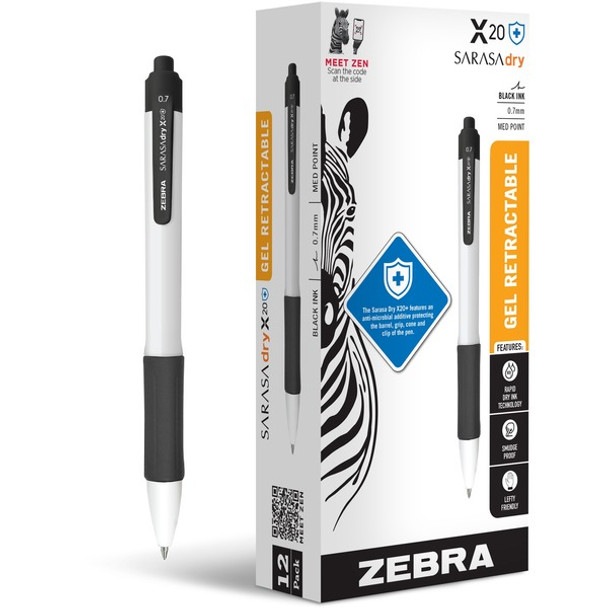 Zebra SARASA dry X20+ Retractable Gel Pen - Medium Pen Point - 0.7 mm Pen Point Size - Conical Pen Point Style - Retractable - Black Gel-based Ink - White Plastic Barrel - 12 / Dozen