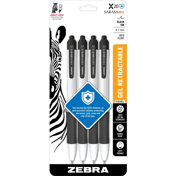 Zebra SARASA dry X20+ Retractable Gel Pen - Medium Pen Point - 0.7 mm Pen Point Size - Retractable - Black Gel-based Ink - Plastic Barrel - 4 / Pack