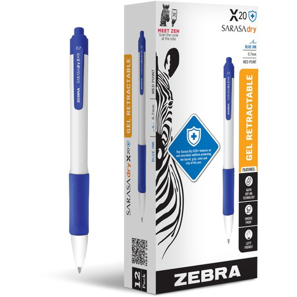 Zebra SARASA dry X20+ Retractable Gel Pen - Medium Pen Point - 0.7 mm Pen Point Size - Conical Pen Point Style - Retractable - Blue Gel-based Ink - White Plastic Barrel - 12 / Dozen