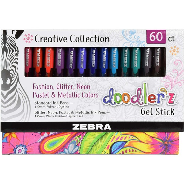 Zebra Pen Doodler'z Gel Stick Pens - Bold Pen Point - 1 mm Pen Point Size - Needle Pen Point Style - Metallic, Neon, Assorted Water Based, Dye-based, Pigment-based Ink - Translucent Barrel - 60 / Pack