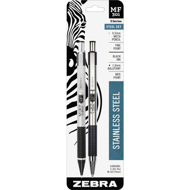 Zebra STEEL 3 Series M/F 301 Mechanical Pencil & Ballpoint Pen Set - Fine Pen Point - 0.7 mm Pen Point Size - 0.5 mm Lead Size - Refillable - Black Ink - Stainless Steel Barrel - Retractable - Non-slip, Pocket Clip, Eraser - 1 / Pack