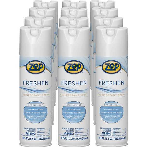 Zep Freshen Disinfectant Spray - 15.5 fl oz (0.5 quart) - Spring Mist Scent - 12 / Carton - Clear
