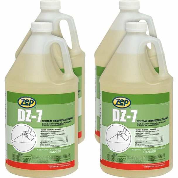 Zep Commercial DZ-7 Neutral Disinfectant Cleaner - 128 fl oz (4 quart) - Neutral Scent - 4 / Carton - Yellow