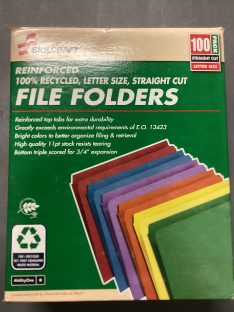 AbilityOne  REINFORCED 100% RECYCLED LETTER SIZE STRAIGHT CUT FILE FOLDERS 100 Pack Bremerton Stocks