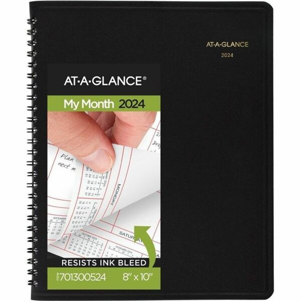 At-A-Glance Planner - Monthly - 1 Year - January 2024 - December 2024 - 1 Month Double Page Layout - 8" x 10" Sheet Size - Wire Bound - Simulated Leather - Black CoverAddress Directory, Phone Directory, Perforated - 1 Each