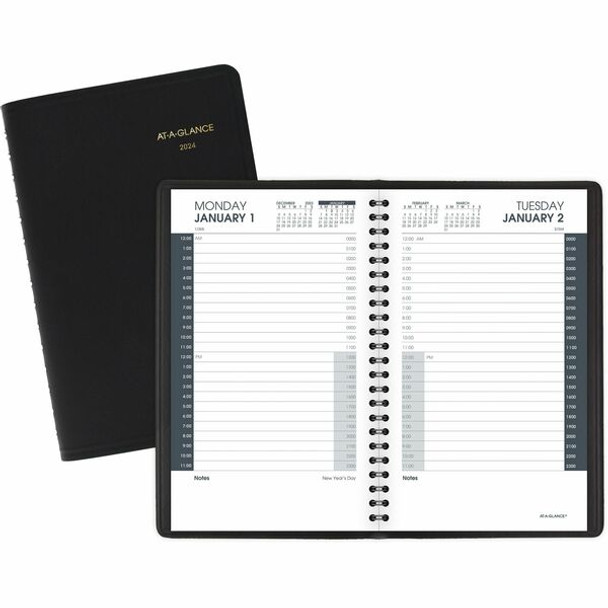 At-A-Glance 24-HourAppointment Book Planner - Julian Dates - Daily - 1 Year - January 2024 - December 2024 - 12:00 AM to 11:00 PM - Hourly - 1 Day Single Page Layout - 4 7/8" x 8" Sheet Size - Wire Bound - Black - Simulated Leather - 1 Each