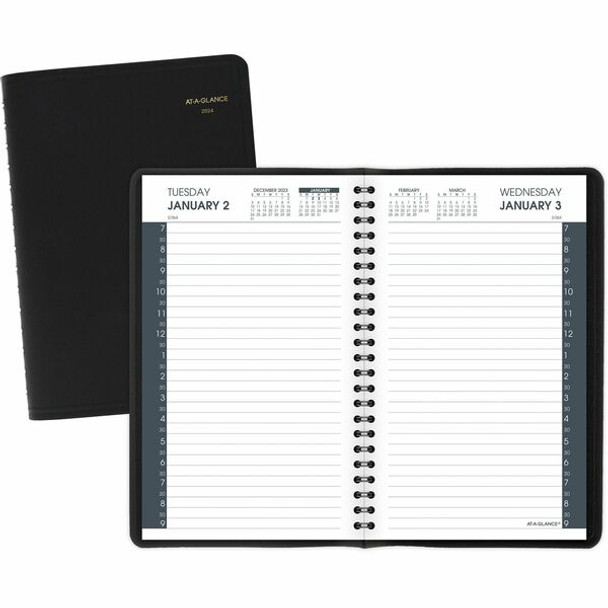 At-A-Glance Appointment Book Planner - Julian Dates - Daily - 1 Year - January 2024 - December 2024 - 7:00 AM to 9:00 PM - Half-hourly - 1 Day Single Page Layout - 4 7/8" x 8" Sheet Size - Wire Bound - Simulated Leather - Black Cover - 1 Each