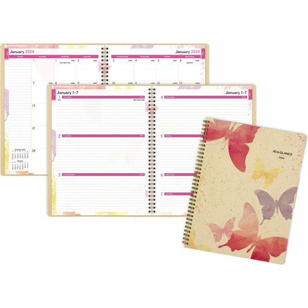 At-A-Glance Watercolors Recycled Planner - Julian Dates - Weekly, Monthly - 12 Month - January 2024 - December 2024 - 1 Week, 1 Month Double Page Layout - 8 1/2" x 11" Beige Sheet - Wire Bound - 11" Height - Pocket, Watercolor Theme - 1 Each