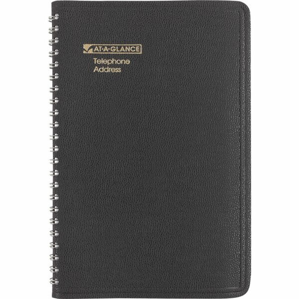 At-A-Glance Large Telephone/Address Book - Wire Bound - 5" Sheet Size - Black - Simulated Leather - 1 Each