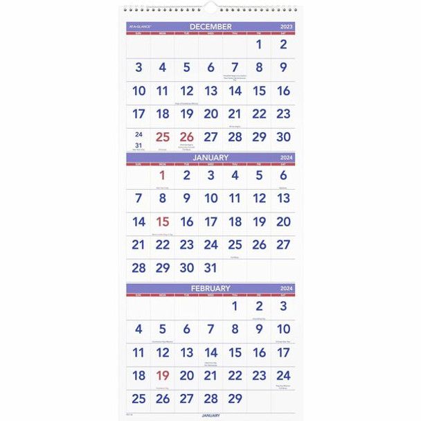 At-A-Glance 3-Month Reference Vertical Wall Calendar - Large Size - Monthly - 14 Month - December 2023 - January 2025 - 3 Month Single Page Layout - 12" x 27" White Sheet - Wire Bound - White - Paper, Chipboard - Sturdy Back - 1 Each