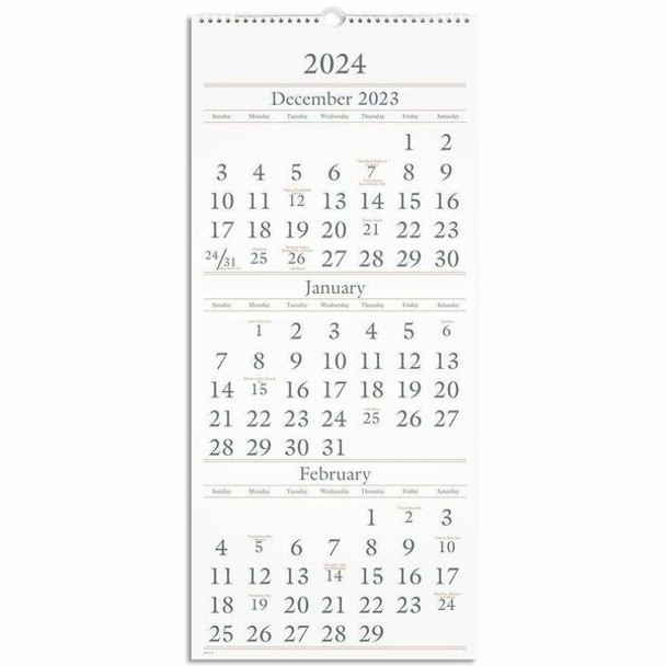 At-A-Glance 3-Month Wall Calendar - Large Size - Monthly - 15 Month - December 2023 - February 2025 - 3 Month Single Page Layout - 12" x 27" White Sheet - Wire Bound - Blue, White - Paper - Hanging Loop, Three Month Calendar - 1 Each