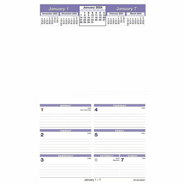 At-A-Glance Flip-A-Week Desk Calendar Refill - Small Size - Julian Dates - Weekly - 12 Month - January 2024 - December 2024 - 1 Week Double Page Layout - 6" x 7" White Sheet - Desk - White, Blue - Paper - 1 Each