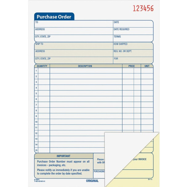 Adams Carbonless Purchase Order Statement - Tape Bound - 2 PartCarbonless Copy - 5.56" x 8.43" Sheet Size - 2 x Holes - White, Canary - Assorted Sheet(s) - 1 Each