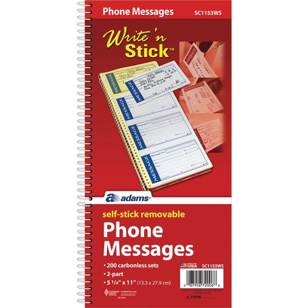 Adams Write 'n Stick Phone Message Book - 200 Sheet(s) - Spiral Bound - 2 PartCarbonless Copy - 5.25" x 11" Sheet Size - Assorted Sheet(s) - 1 Each