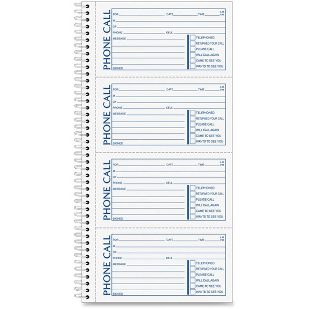 Adams Spiral Bound Phone Message Books - 400 Sheet(s) - Spiral Bound - 2 Part - 5.25" x 11" Sheet Size - Assorted Sheet(s) - Recycled - 1 Each