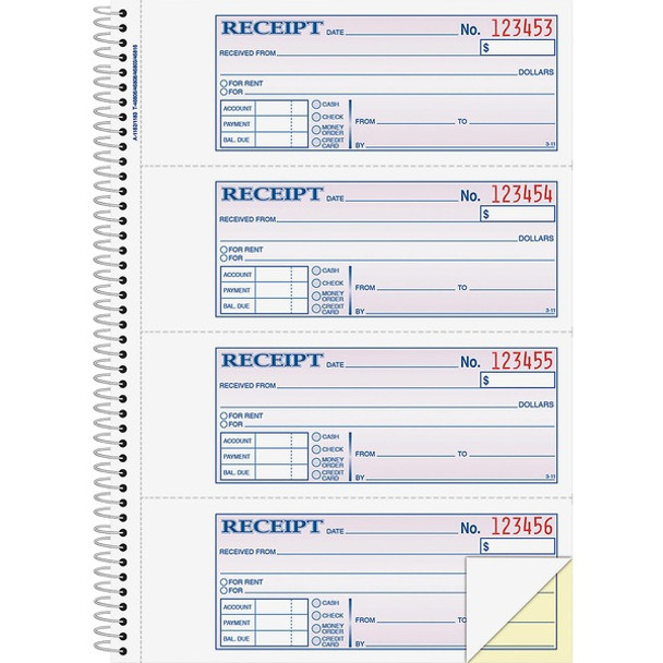 Adams Spiral 2-part Money/Rent Receipt Book - 200 Sheet(s) - Spiral Bound - 2 Part - 2.75" x 7.62" Form Size - White, Canary - Assorted Sheet(s) - 1 Each