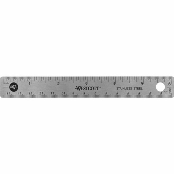 Westcott 6" Stainless Steel Rulers - 6" Length 0.8" Width - 1/16, 1/32 Graduations - Metric, Imperial Measuring System - Stainless Steel - 12 / Box - Stainless Steel