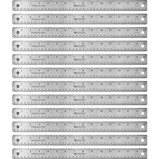 Westcott Stainless Steel Rulers - 15" Length 1" Width - 1/16, 1/32 Graduations - Metric, Imperial Measuring System - Stainless Steel - 12 / Box - Stainless Steel