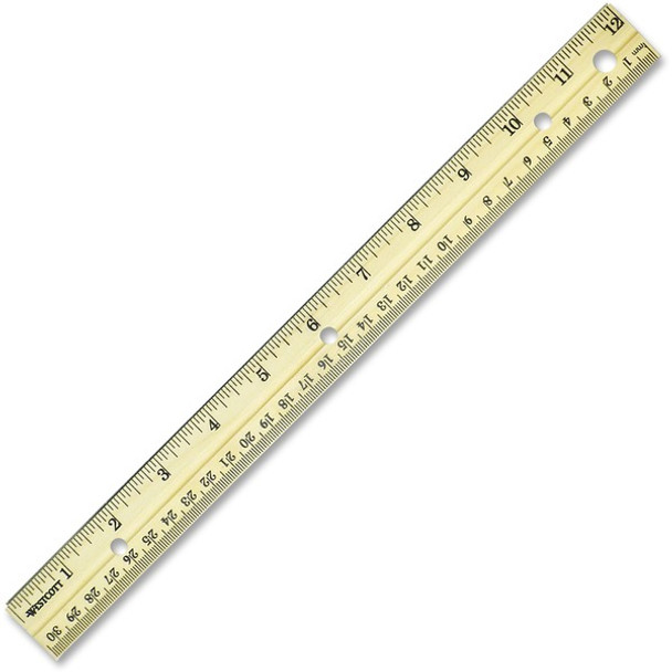 Westcott Metal Edge English/Metric Wood Ruler - 12" Length 1" Width - 1/16 Graduations - Metric, Imperial Measuring System - Wood - 1 Each