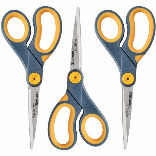 Westcott 8" Titanium Nonstick Straight Scissors - 3.25" Cutting Length - 8" Overall Length - Straight-left/right - Titanium - Pointed Tip - Yellow - 3 / Pack
