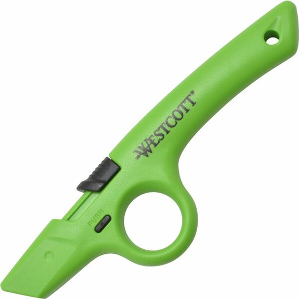 Westcott Non-Replaceable Finger Loop Safety Cutter - Ceramic Blade - Retractable, Lock Off Switch, Durable - Acrylonitrile Butadiene Styrene (ABS) - Green - 1 Each