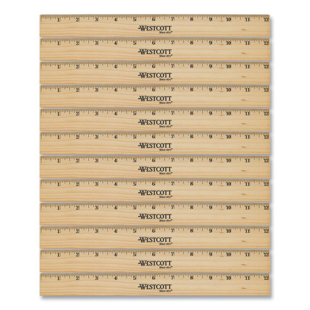 Beveled Wood Ruler, Standard, 12" Long, Natural Hardwood, 12/Pack