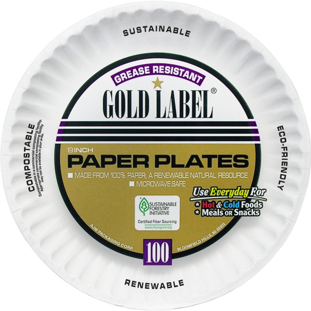AJM 9" Dinnerware Paper Plates - Serving - Disposable - Microwave Safe - White - Paper Body - 100 / Pack