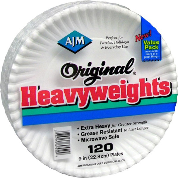 AJM 9" Original Heavyweight Plates - Serving, Reheating - Disposable - Microwave Safe - White - Paper Body - 120 / Pack