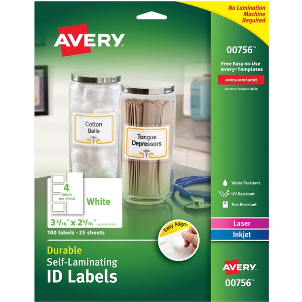 Avery&reg; Easy Align ID Label - 2 5/16" Width x 3 5/16" Length - Permanent Adhesive - Rectangle - Laser, Inkjet - White - Film, Laminate - 4 / Sheet - 25 Total Sheets - 100 Total Label(s) - 5