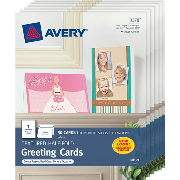 Avery&reg; Half-Fold Greeting Cards, Textured, Uncoated, 5-1/2" x 8-1/2" , 30 Cards (3378) - 5 1/2" x 8 1/2" - Textured - 6 / Carton - Uncoated, Heavyweight - White