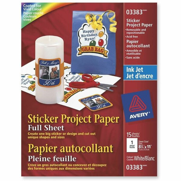 Avery&reg; Sticker Project Paper - Letter - 8 1/2" x 11" - Matte - 6 / Carton - Repositionable, Acid-free, Lignin-free, Printable - Matte White