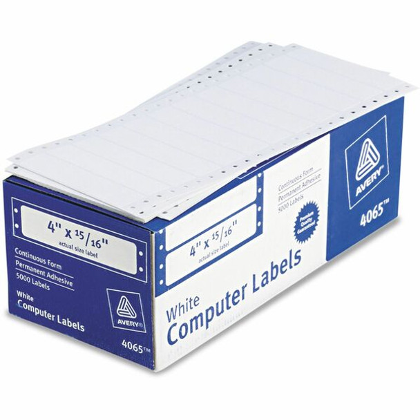 Avery&reg; Continuous Form Computer Labels, Permanent Adhesive, 4" x 15/16" , 5,000 Labels (4065) - 4" Width x 0.93" Length - 5000 / Box - White