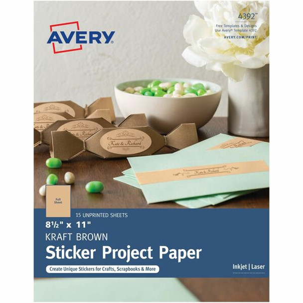 Avery&reg; Printable Sticker Paper, 8.5" x 11" , Kraft Brown, Laser & Inkjet Printers, 15 Craft Paper Sheets (4392) - Avery&reg; Printable Sticker Paper, Kraft, 8.5" x 11" , 15 Sheets (4392)