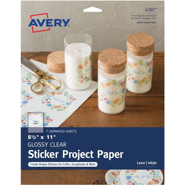 Avery&reg; Permanent Sticker Paper - Letter - 8 1/2" x 11" - 6 / Carton - Printable, Permanent, Print-to-the-edge, Acid-free, Lignin-free - Glossy, Clear