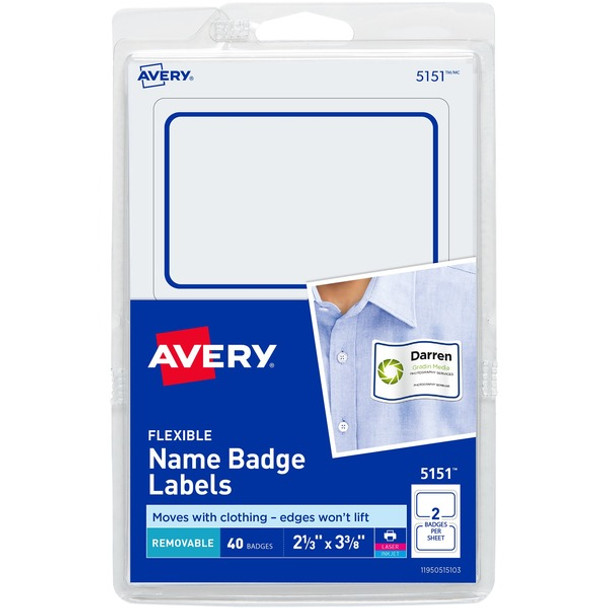 Avery&reg; Flexible Name Badge Labels - 2 1/3" Height x 3 3/8" Width - Removable Adhesive - Rectangle - Laser, Inkjet - White, Blue - Film - 2 / Sheet - 20 Total Sheets - 720 Total Label(s)