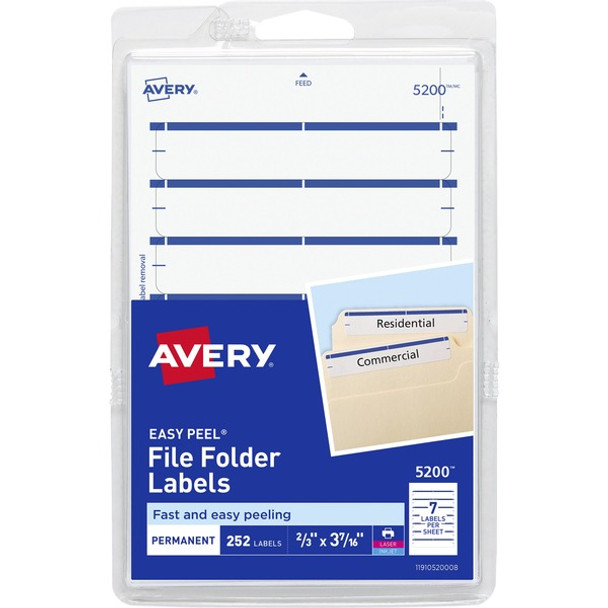 Avery&reg; Permanent File Folder Labels - 11/16" Width x 3 7/16" Length - Permanent Adhesive - Rectangle - Laser, Inkjet - Dark Blue - 7 / Sheet - 252 / Pack - Self-adhesive