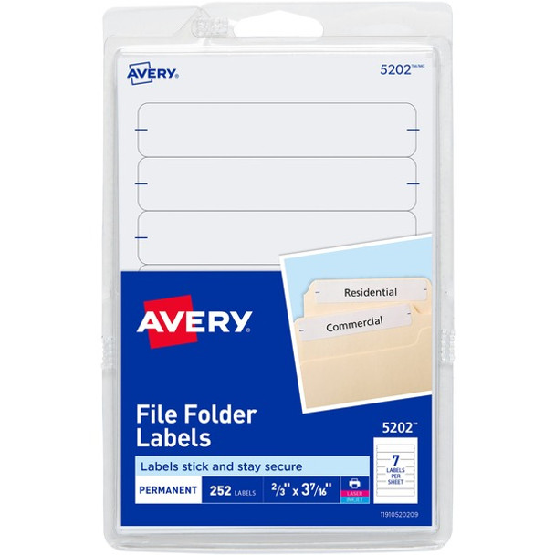 Avery&reg; Permanent File Folder Labels - 11/16" Width x 3 7/16" Length - Permanent Adhesive - Rectangle - Laser, Inkjet - White - 7 / Sheet - 252 / Pack - Self-adhesive