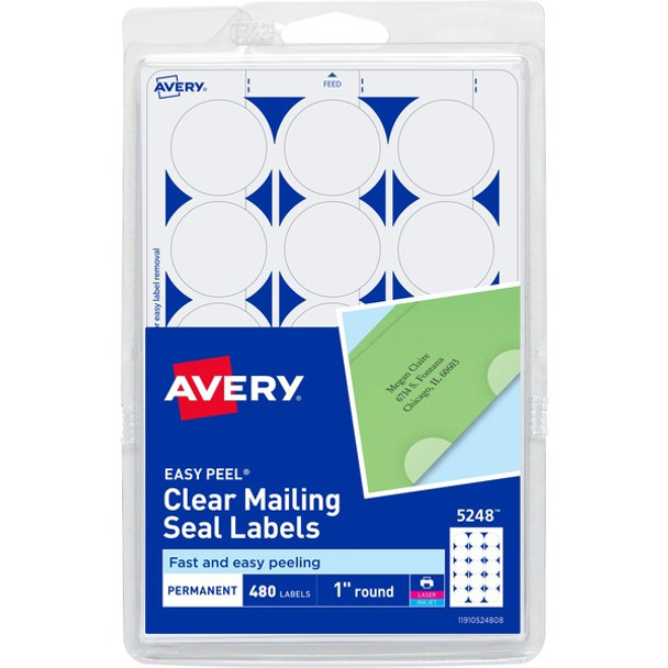 Avery&reg; Avery Printable Mailing Seals, Clear, 1" Diameter, 480 Labels (5248) - Glossy - 480 / Pack - Permanent Adhesive, Laminated, Acid-free, Moisture Resistant, Water Resistant - Clear