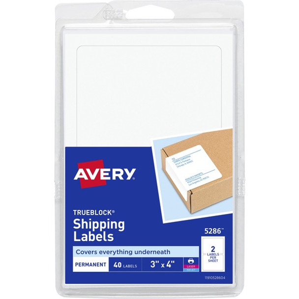 Avery&reg; TrueBlock Permanent Shipping Labels - 3" Height x 4" Width - Permanent Adhesive - Rectangle - Laser, Inkjet - White - Paper - 2 / Sheet - 360 Total Sheets - 720 Total Label(s) - 18 / Carton