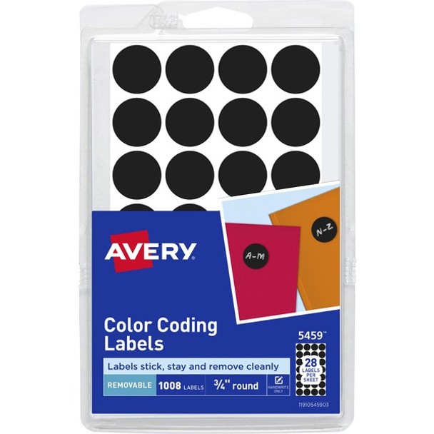 Avery&reg; Color-Coding Labels - - Height3/4" Diameter - Removable Adhesive - Round - Laser, Inkjet - Black - Paper - 28 / Sheet - 1008 / Pack - Self-adhesive