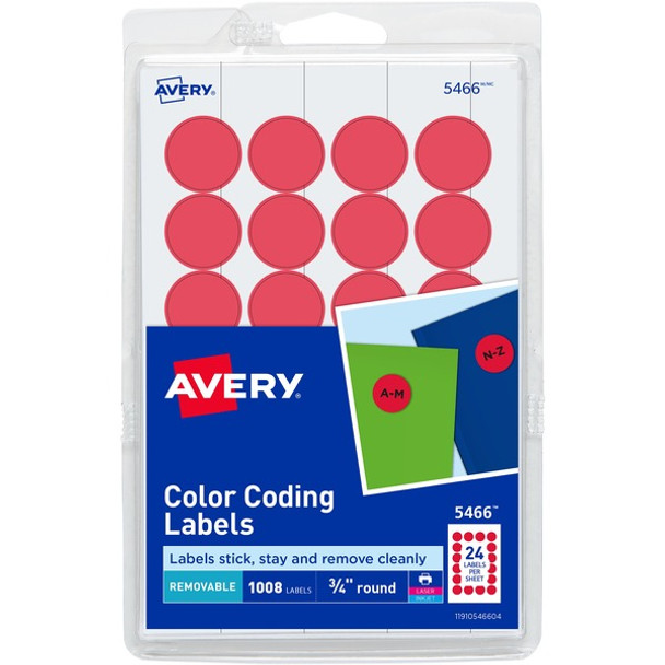 Avery&reg; Color-Coding Labels - - Width3/4" Diameter - Removable Adhesive - Round - Laser, Inkjet - Matte - Red - Paper - 24 / Sheet - 42 Total Sheets - 1008 Total Label(s) - 1008 / Pack